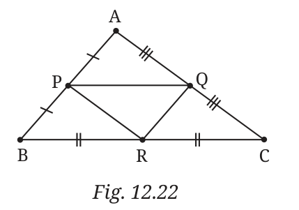 Triangle ABC with the midpoints P of AB, Q of AC and R of BC joined to form the triangle PQR in the middle.