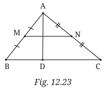 Triangle ABC with M the midpoint of AB and N the midpoint of AC, and a segment AD from A to a point D on BC crossing MN.