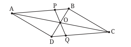 Parallelogram ABCD with diagonals meeting at O and a line through O meeting AB at P and CD at Q.