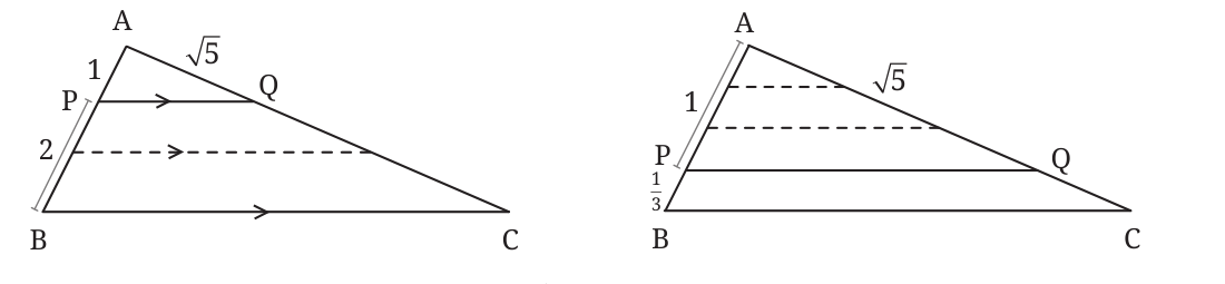 Two copies of triangle ABC. Left: P on AB with AP equal to 1 and PB equal to 2, and the line through P parallel to BC meeting AC at Q with AQ equal to root 5. Right: AP equal to 1 and PB equal to one third.