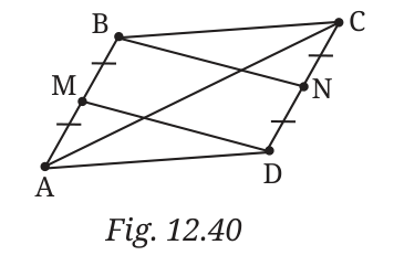 Parallelogram ABCD with M the midpoint of AB and N the midpoint of CD. The segments DM and BN and the diagonal AC are drawn.