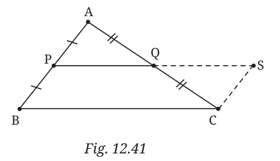 Triangle ABC with P the midpoint of AB and Q the midpoint of AC. The segment PQ is extended beyond Q to a point S and S is joined to C.