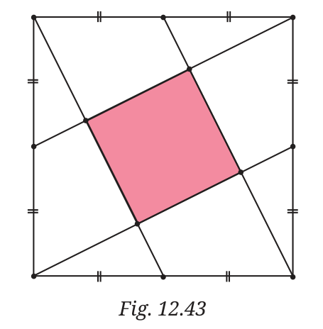 A square with the midpoint of each side marked. Four lines join a vertex to the midpoint of a non-adjacent side. They form a tilted square in the middle, shaded pink.