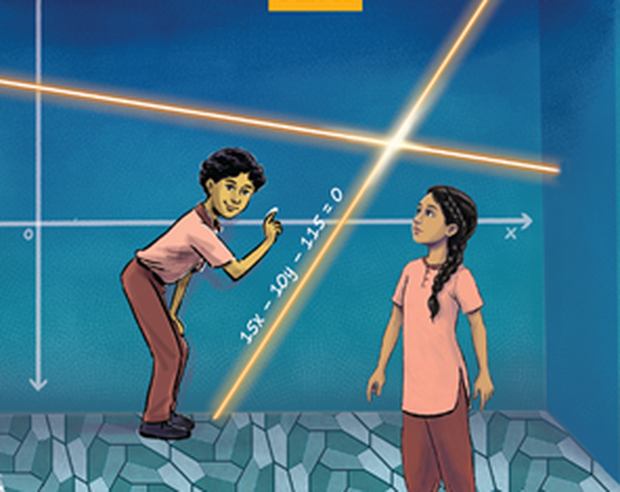 The cover of Ganita Manjari Part II. A boy writes the equation 15x minus 10y minus 115 equals 0 on a board with axes, and two glowing lines cross above his head.