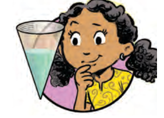 A girl thinking next to a conical cup that is partly filled with water.