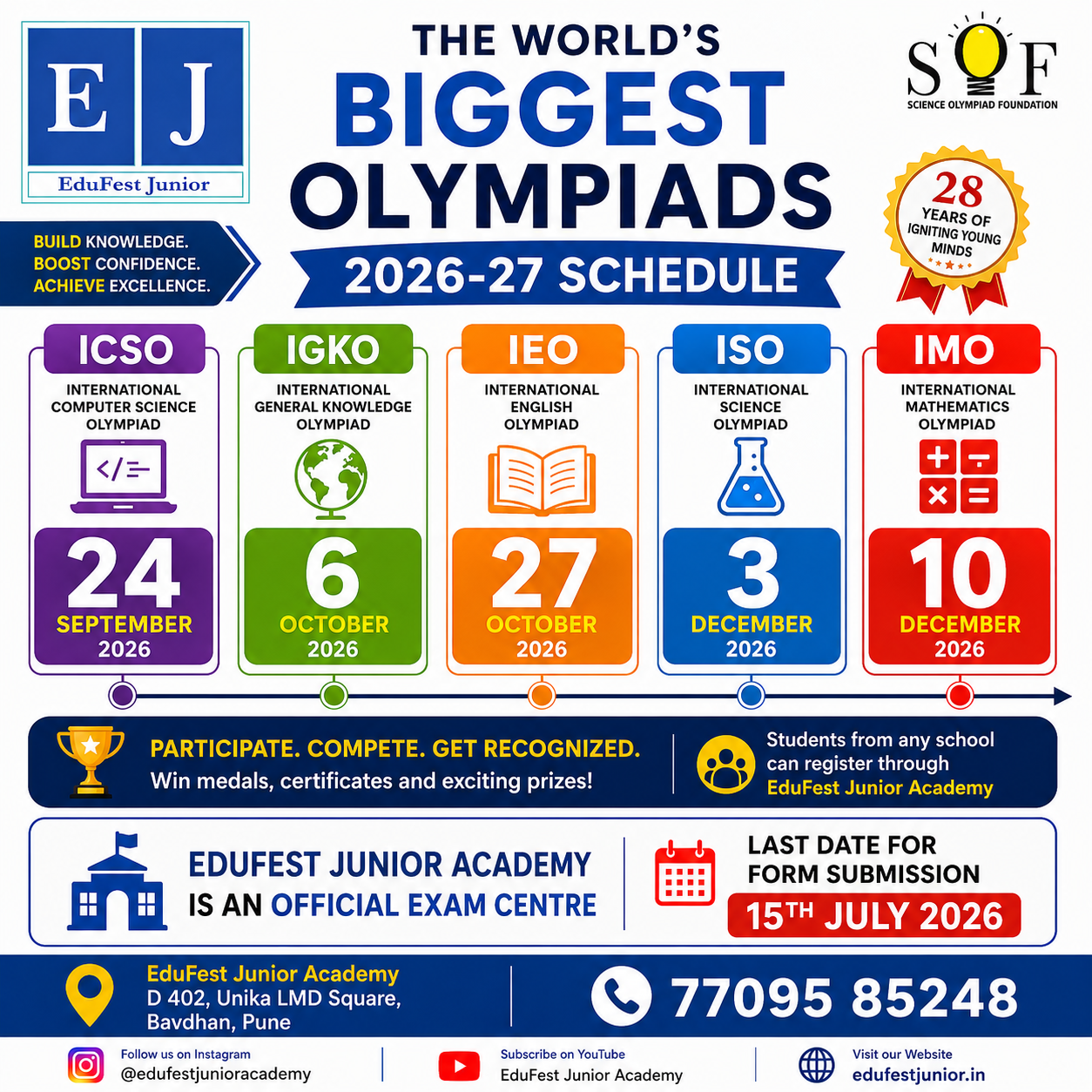 SOF Olympiad 2026-27 schedule — ICSO Sep 24, IGKO Oct 6, IEO Oct 27, NSO Dec 3, IMO Dec 10